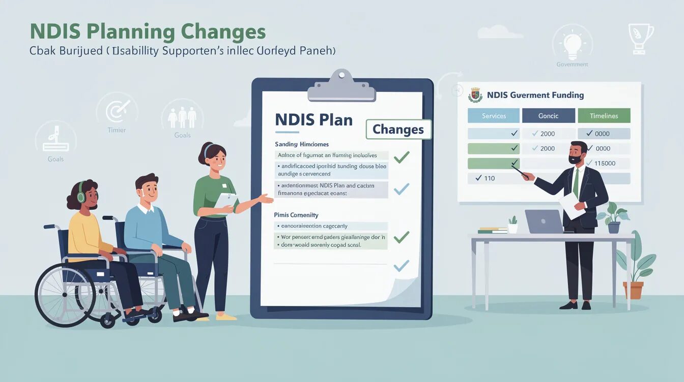 The image illustrates a group of people from the disability community engaging in a discussion about the new planning framework for the National Disability Insurance Scheme (NDIS). They are focused on the changes to the NDIS planning process, emphasizing the importance of participant feedback and flexible funding to better meet support needs.