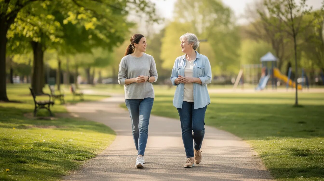 A support worker is walking alongside a participant in a local park, promoting community participation and social skills development. This scene highlights the importance of NDIS supports in assisting individuals with daily life activities and enhancing their overall well-being.