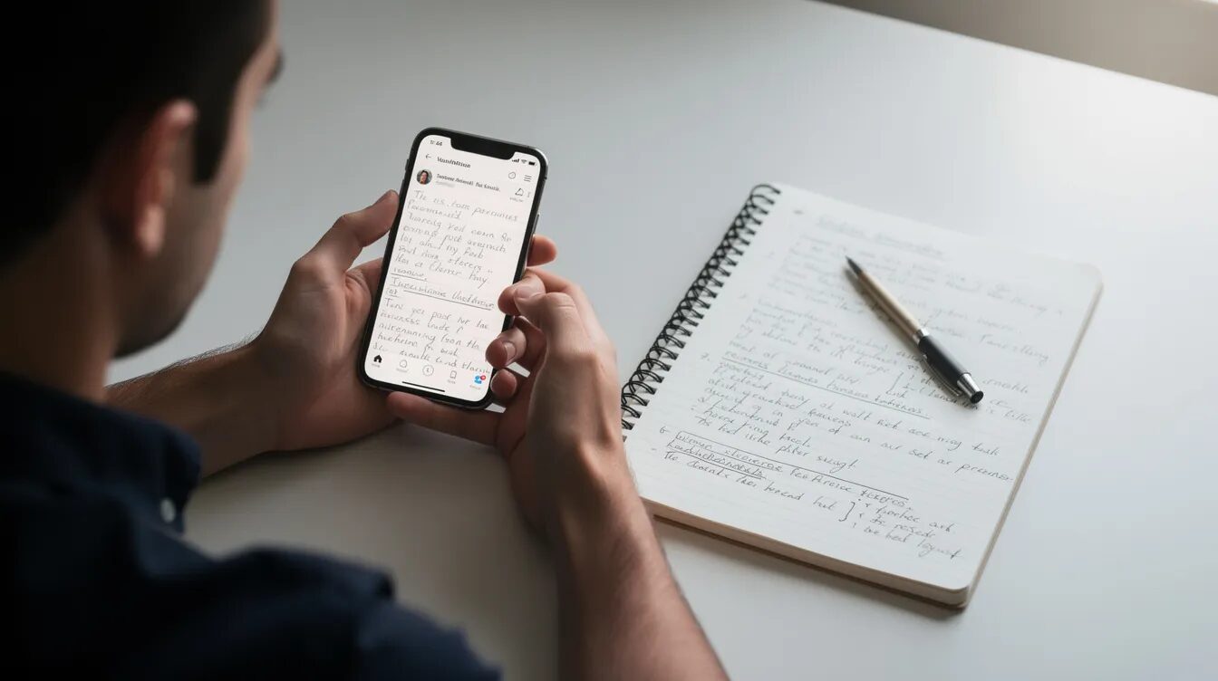A person is intently looking at notes on their phone while seated next to an open notebook, suggesting they are organizing thoughts or planning tasks related to their NDIS services or support needs. The scene reflects a focus on managing daily life and achieving personal goals, which is essential for NDIS participants.