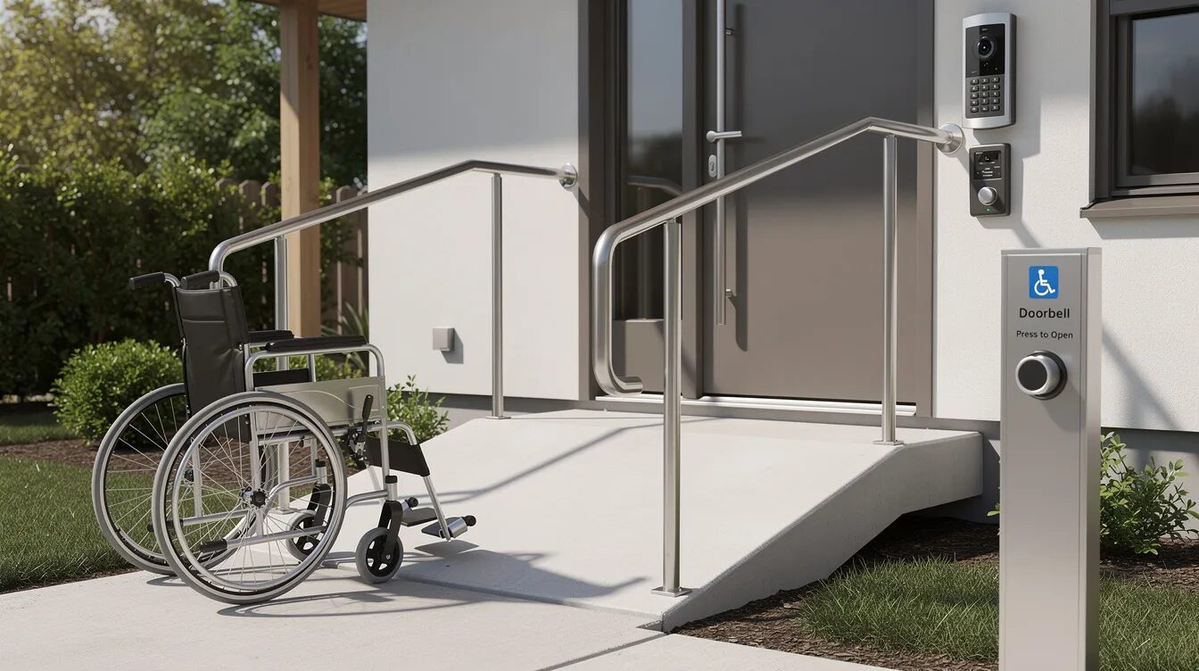 The image depicts a wheelchair positioned next to accessible home entry equipment, highlighting the importance of home modifications for individuals with disabilities. This setup reflects the support provided by the National Disability Insurance Scheme (NDIS) to enhance accessibility and promote independent living.