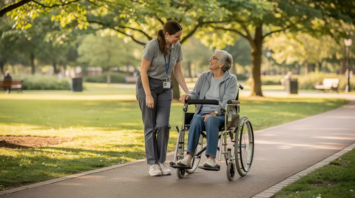 A support worker is walking alongside a participant through a park, fostering community participation and social engagement. This scene exemplifies the support provided under the National Disability Insurance Scheme (NDIS), emphasizing the importance of inclusive communities for individuals with disabilities.