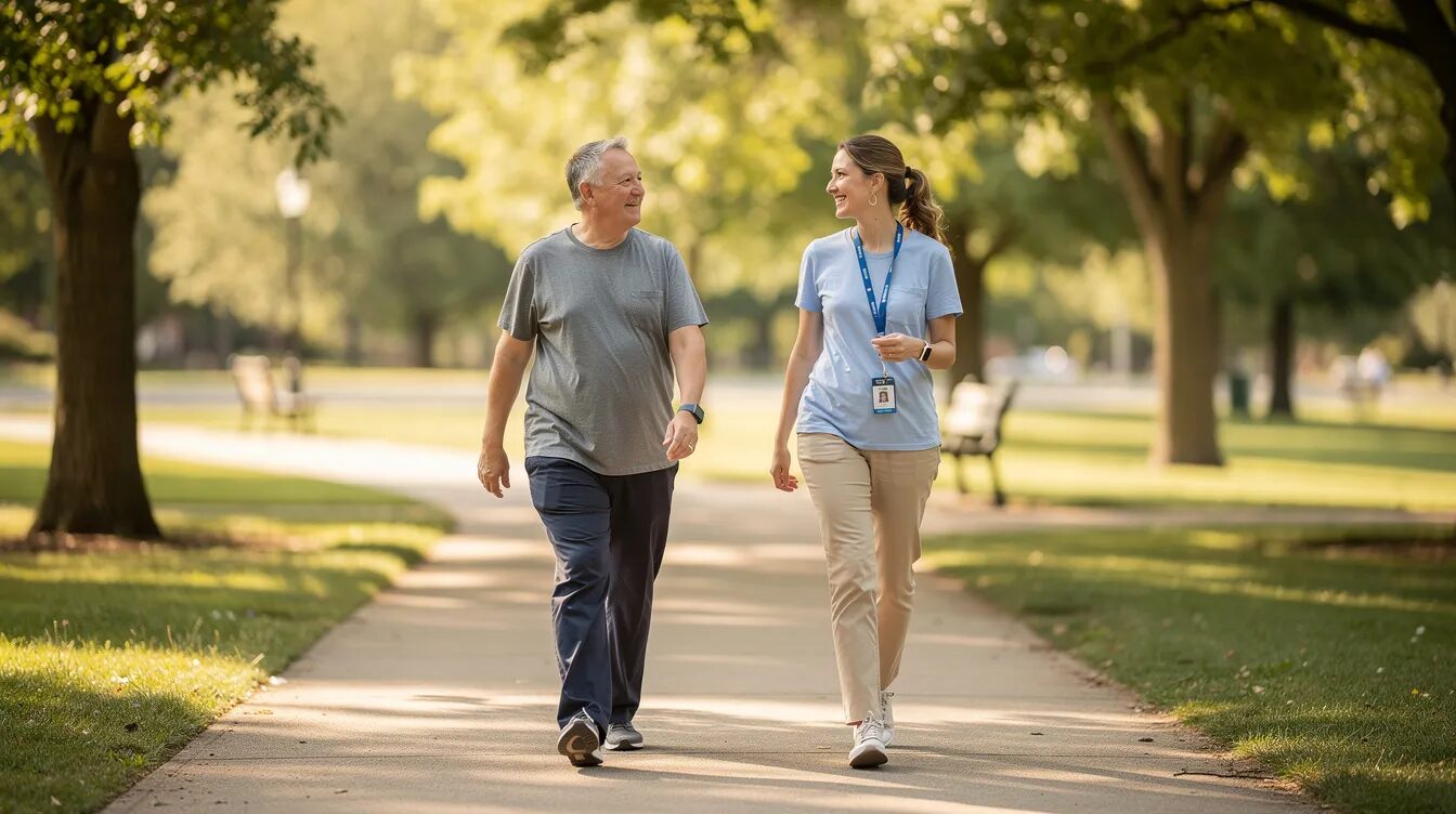 A participant is walking outdoors in a park with a support worker, highlighting the essential support provided through the National Disability Insurance Scheme (NDIS) for independent living and community activities. The scene emphasizes the importance of community supports and the role of support coordinators in enhancing the participant's well-being.