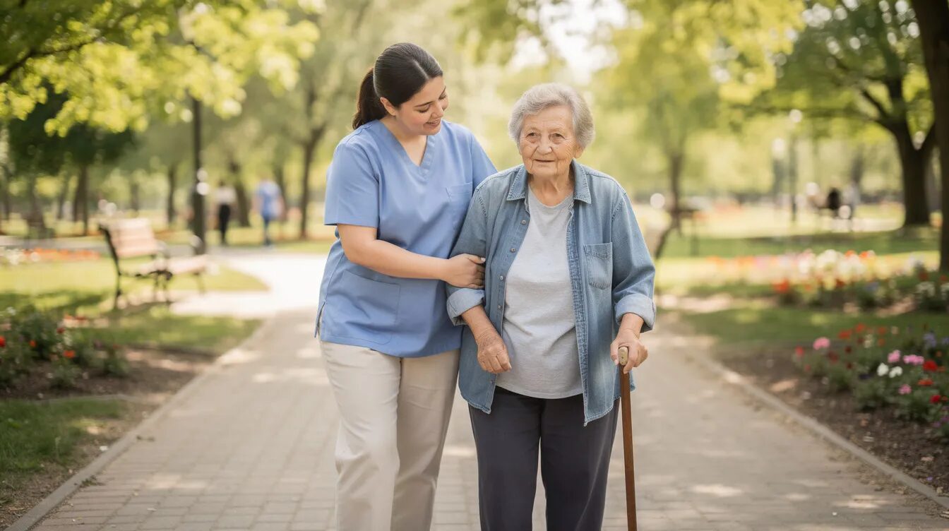 A support worker is assisting a person to walk through a local park, promoting community participation and independence. This interaction highlights the essential role of disability support services in enhancing daily life for NDIS participants.