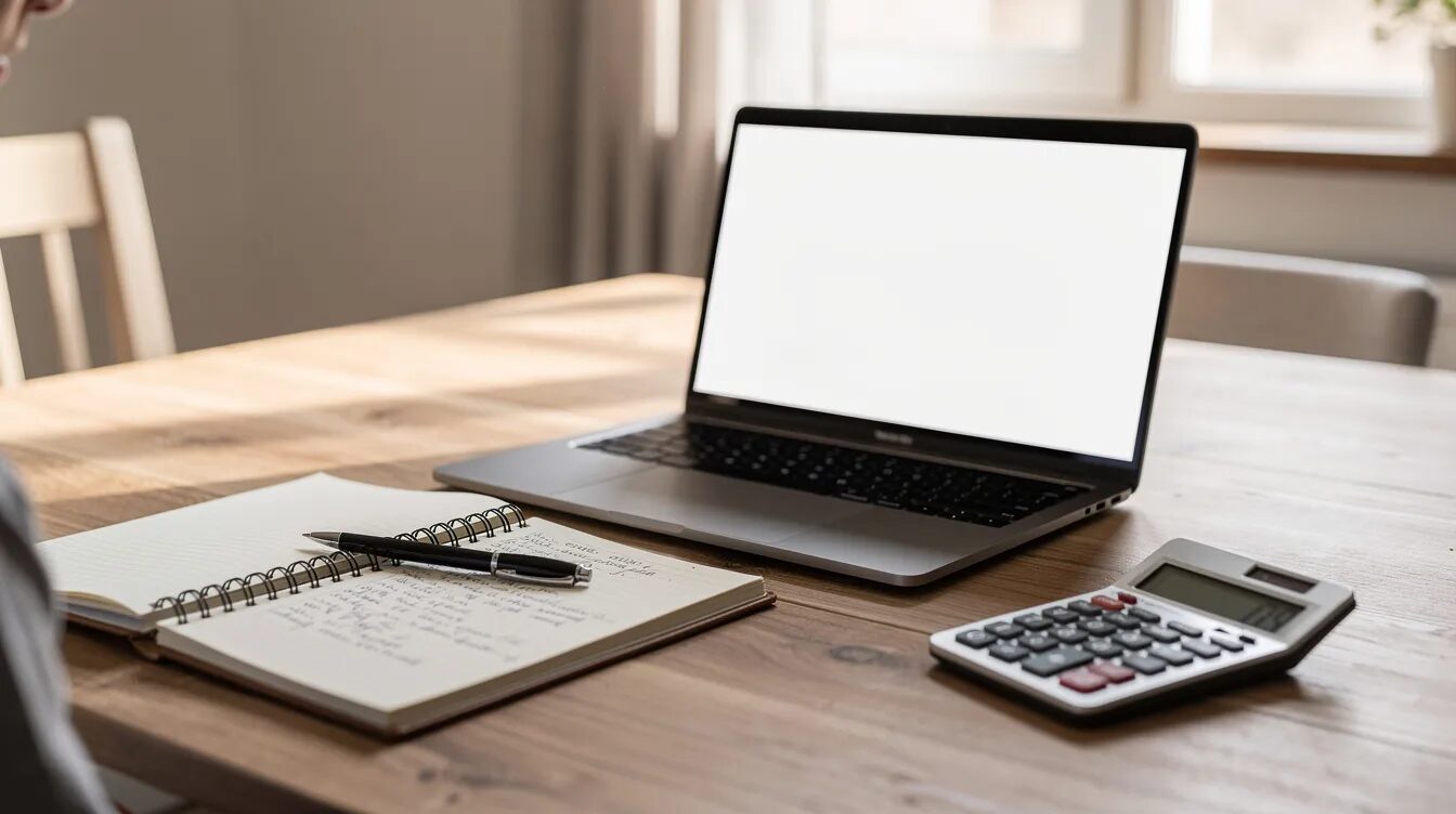 A person is seated at a table, focused on using a laptop, while a notebook and calculator are placed beside them. This scene reflects the importance of planning and managing supports under the national disability insurance scheme for individuals with diverse needs.