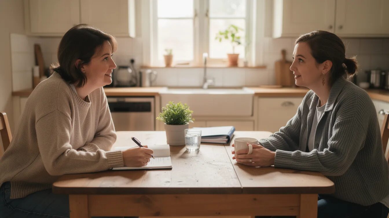 The image depicts a person sitting at a kitchen table engaged in a conversation with a support worker, who is likely a registered NDIS provider, discussing various disability support services and options for NDIS participants. The scene emphasizes the importance of community access and personal care in everyday life.