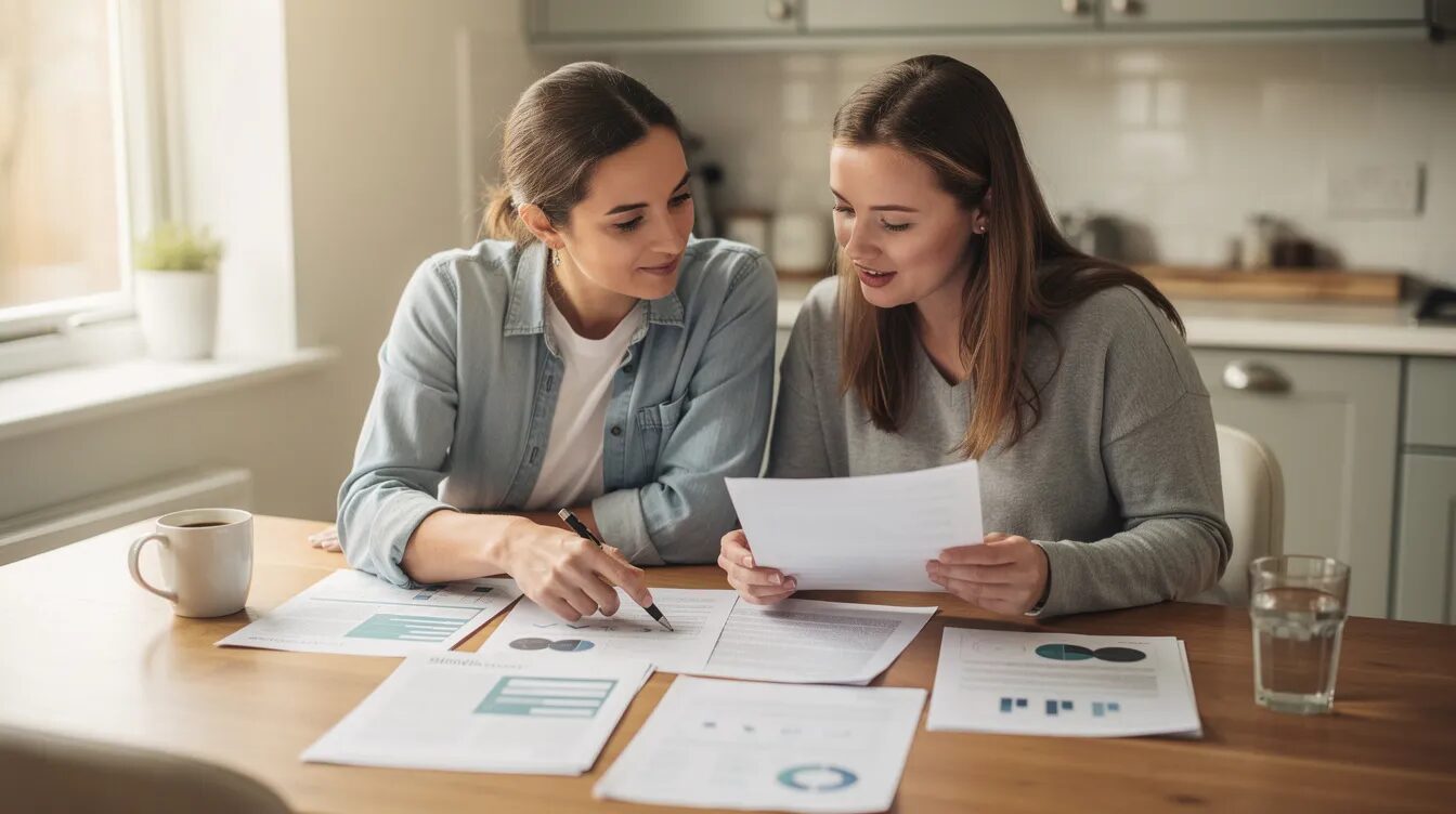 A support worker and a participant are sitting together at a kitchen table, reviewing papers related to the participant's NDIS plan and support needs. They are discussing essential support options and funding to enhance the participant's independent living and daily personal care.