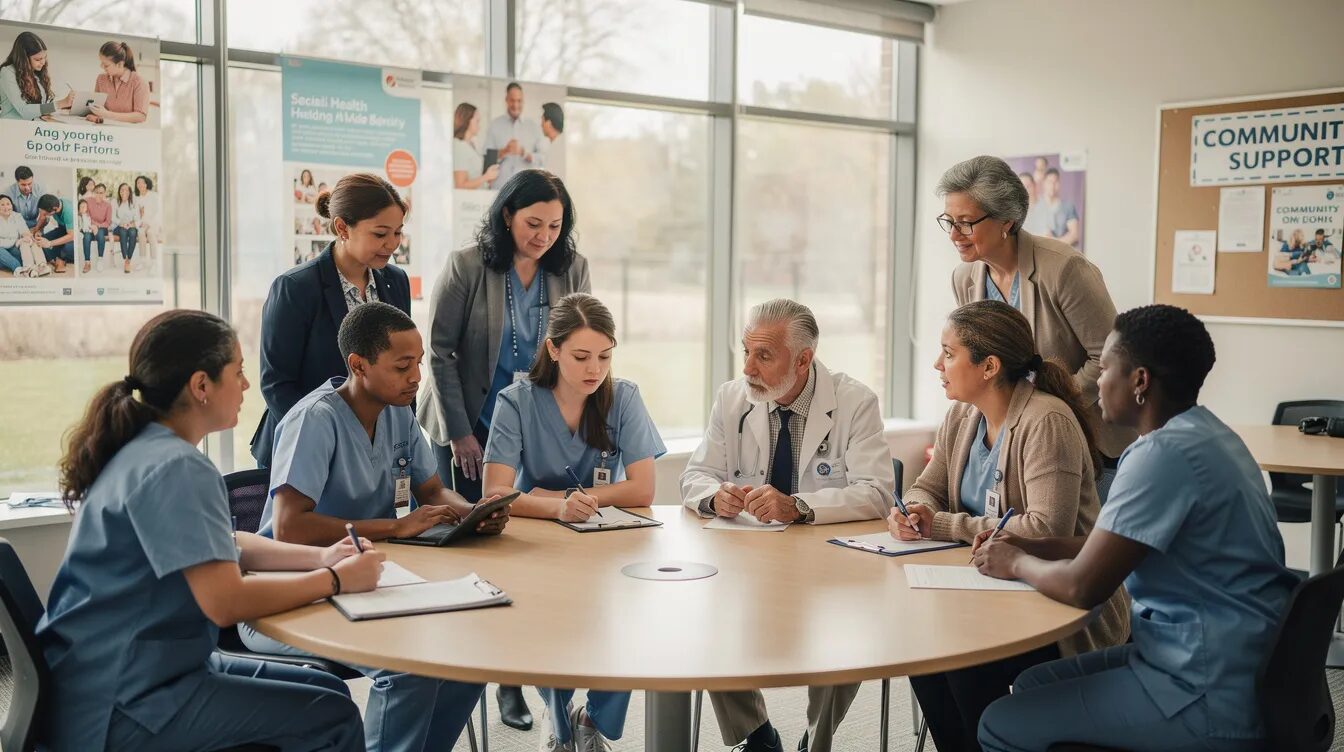 The image shows a diverse care team meeting in a community centre, where members discuss strategies for enhancing social and community participation for NDIS participants. They are engaged in collaborative planning to ensure reasonable and necessary supports are provided to individuals with disabilities, fostering inclusive communities and effective support coordination.