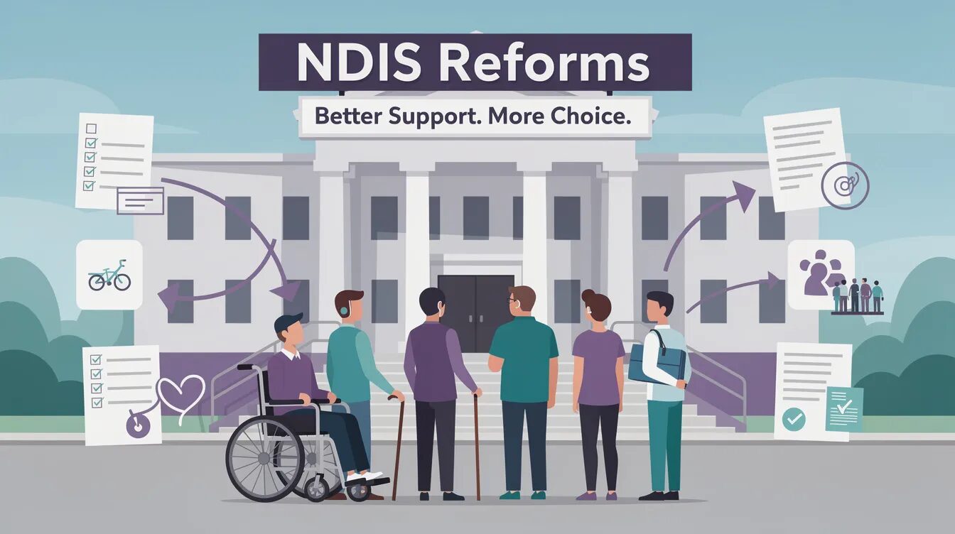 The image illustrates the key elements of the NDIS reforms, emphasizing support coordination and the importance of reasonable and necessary supports for NDIS participants with permanent and significant disabilities. It highlights the Australian government's commitment to ongoing consultation and the full implementation of changes aimed at improving the quality of life for people with disabilities and their families.