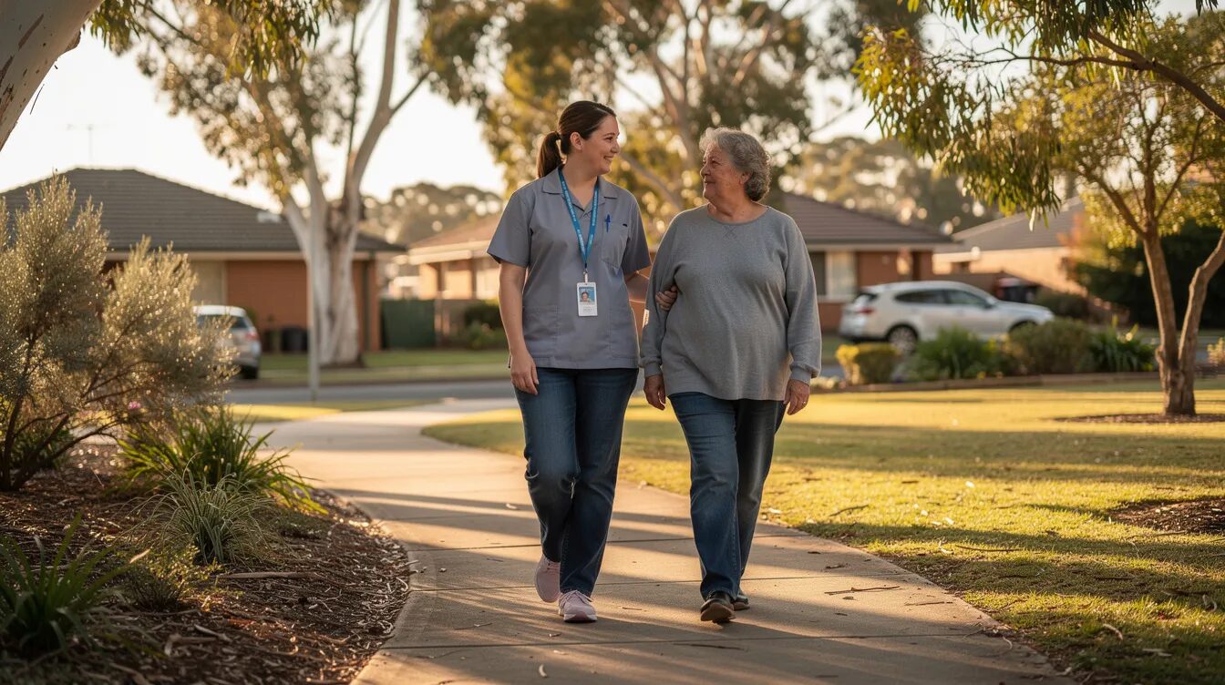 A disability support worker is walking alongside a person in a park located in a suburban Australian neighborhood, providing assistance and companionship as they enjoy their time outdoors. This scene highlights the importance of support workers in helping individuals with disabilities achieve their daily living goals and access community spaces.
