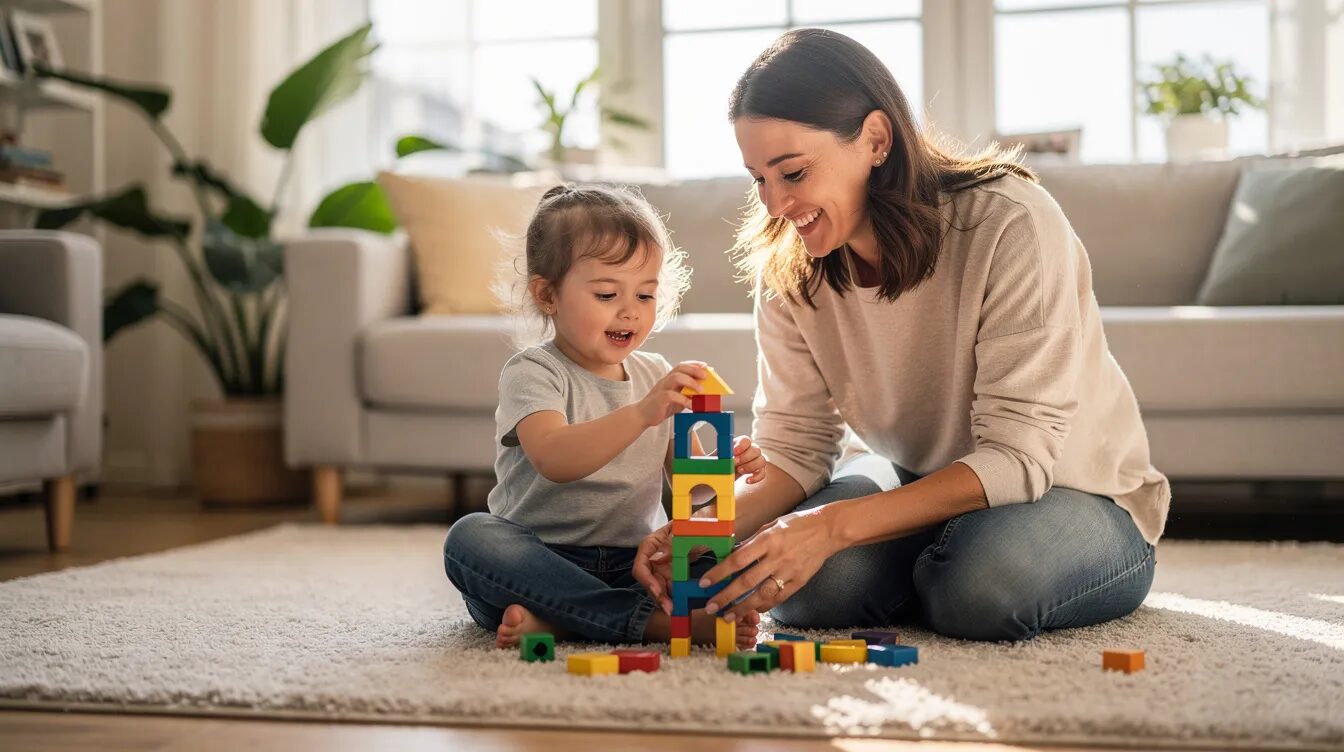 A young child is joyfully playing with colorful building blocks next to a supportive adult in a bright and spacious living room, highlighting the importance of early intervention supports for children with developmental delays. This nurturing environment emphasizes the role of family members and allied health professionals in promoting greater independence and functional capacity for children eligible for the NDIS.