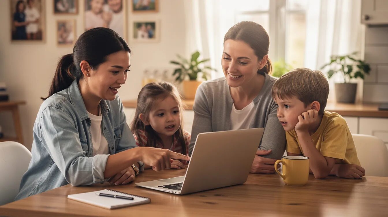 A support worker is assisting a family from a culturally and linguistically diverse background in using a laptop at home, promoting accessibility and understanding within the disability sector. This interaction highlights the importance of support for NDIS participants and their families in navigating technology and enhancing their overall NDIS experience.