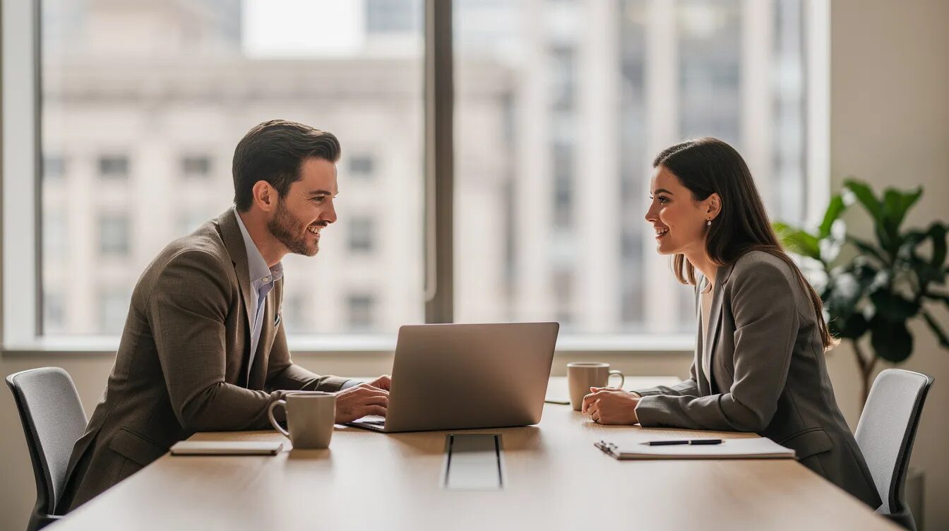 The image shows two individuals engaged in a friendly professional meeting at a table, with a laptop open between them. They appear to be discussing important topics related to NDIS plan management, possibly exploring options to change their current plan manager for better support and efficient management of their NDIS funds.