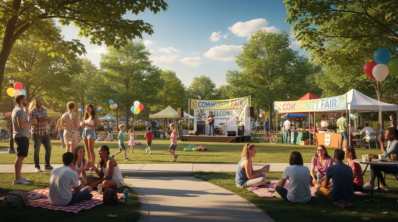 A vibrant outdoor community event takes place in a park, where a diverse group of people is enjoying the sunny day, engaging in various social and recreational activities. This gathering highlights the importance of community participation and support, fostering connections among individuals, including those receiving NDIS funding for social and community activities.