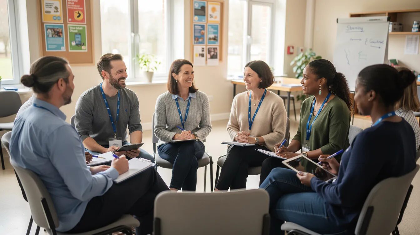 A diverse group of support workers is seated in a circle during a team meeting at a community center, discussing strategies to maintain professional boundaries and provide effective support to NDIS participants. The atmosphere is collaborative, emphasizing the importance of clear expectations and respectful relationships in their work.