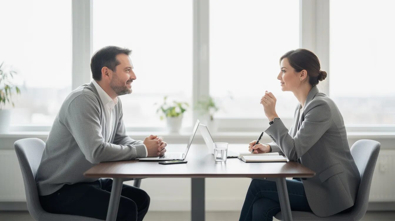The image depicts two individuals engaged in a calm, professional conversation at a table in a bright room, highlighting the importance of maintaining professional boundaries in support worker relationships. Their interaction reflects a respectful relationship, emphasizing clear communication and mutual understanding essential for effective support under the National Disability Insurance Scheme.