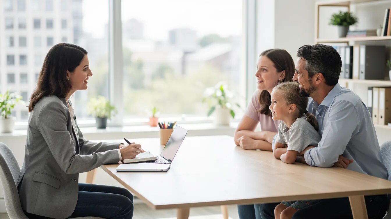 The image depicts a professional meeting in a bright office setting, where a support worker is engaged in discussion with a family at a table. This interaction emphasizes the importance of ongoing consultation regarding NDIS supports and planning for individuals with permanent and significant disabilities.