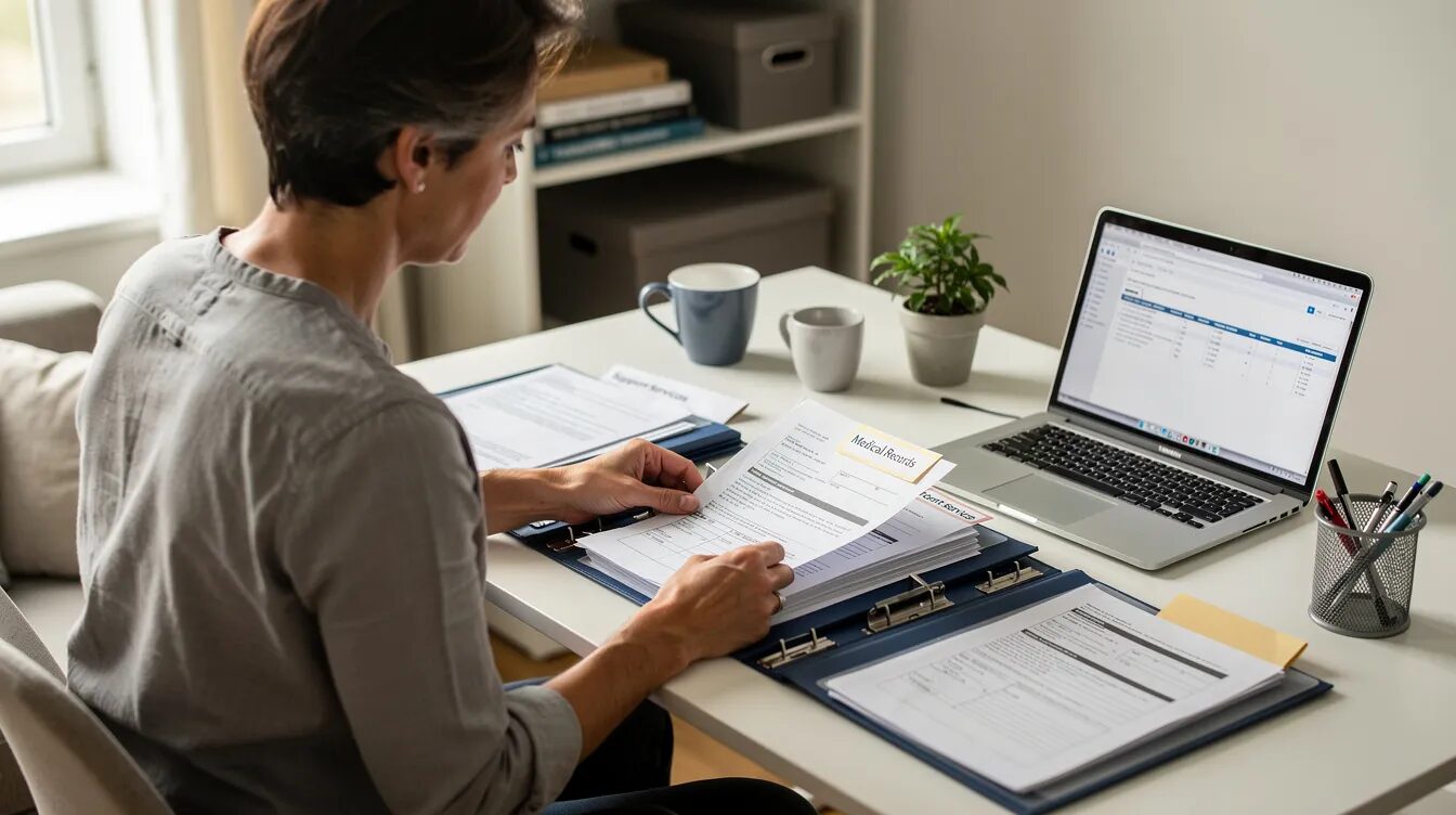 A person is organizing medical and support documents on a home desk, with a laptop open, reflecting their efforts in managing their NDIS plans and support coordination for their significant disability. The setting emphasizes the importance of structured planning and documentation in accessing reasonable and necessary supports within the disability community.