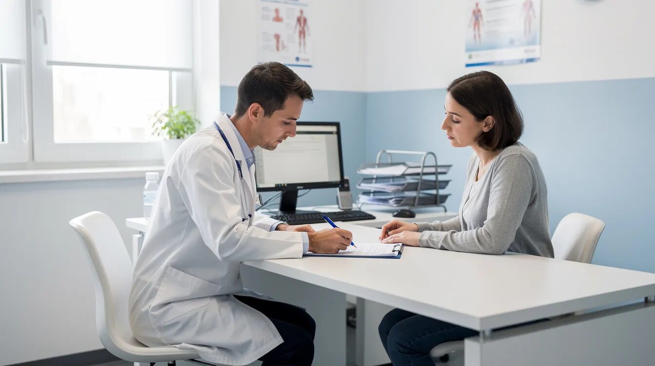 The image shows a person sitting at a desk in a medical clinic, discussing and reviewing paperwork with a health professional. This interaction may involve topics related to the National Disability Insurance Scheme (NDIS) and eligibility requirements for disability support.