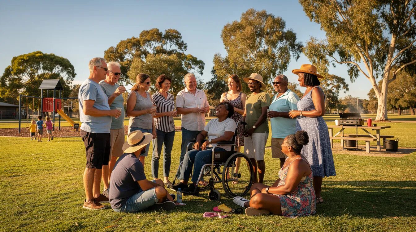 The image shows a diverse group of Australians, including a person in a wheelchair, enjoying a sunny day in a community park, symbolizing the inclusive spirit of the disability community and the ongoing support provided by the National Disability Insurance Scheme (NDIS). This gathering highlights the importance of reasonable and necessary supports for individuals with permanent and significant disabilities.
