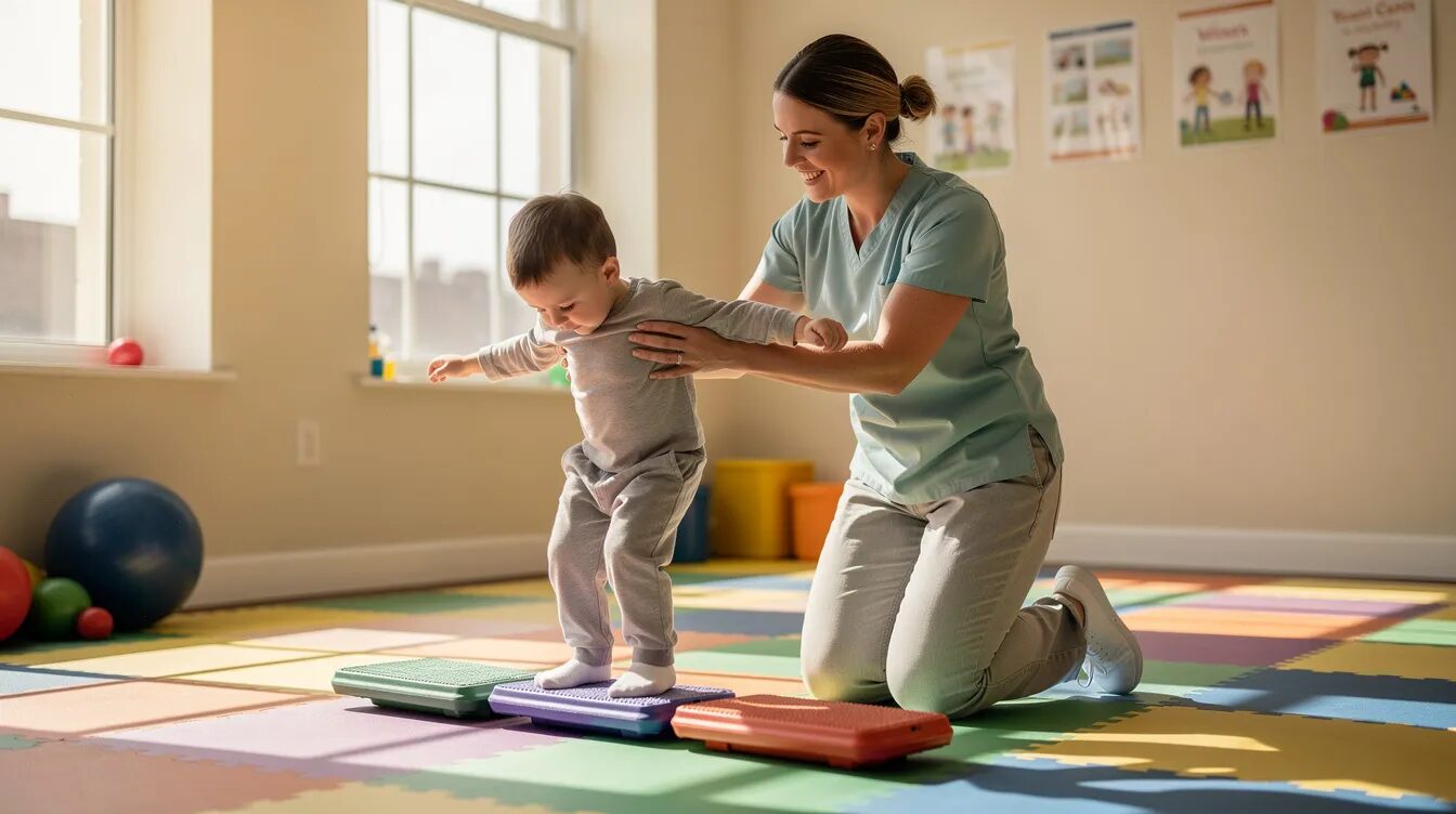 A therapist is guiding a child through a movement activity in a bright, cheerful room filled with colorful decorations and toys. This scene highlights the importance of therapy supports in promoting social and community participation for children with disabilities under the National Disability Insurance Scheme (NDIS).