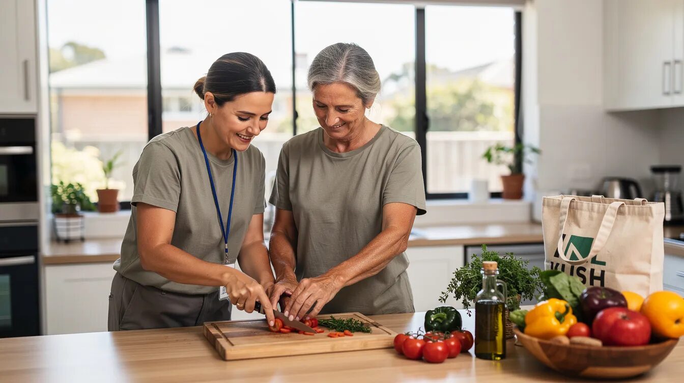 A support worker is helping a person with meal preparation in a bright, modern Australian kitchen, showcasing the importance of assistance with daily life as part of their NDIS plan. This scene emphasizes community participation and the role of core supports in enhancing daily living skills.
