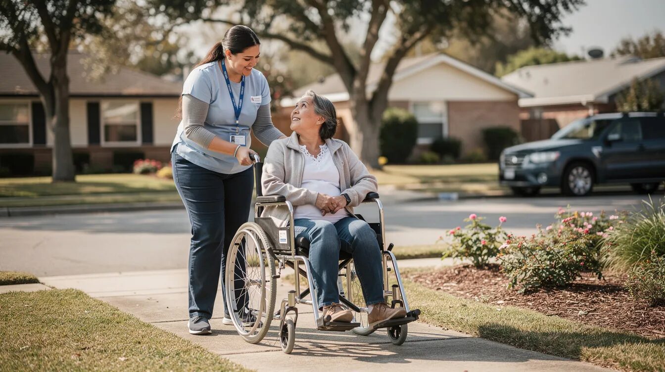 A disability support worker is walking alongside a participant in a neighborhood, promoting inclusivity and engagement within the community. This interaction highlights the importance of support services for NDIS participants, particularly those from culturally and linguistically diverse (CALD) backgrounds.