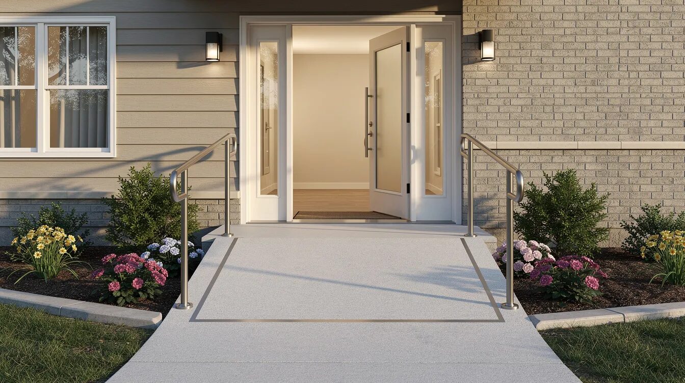 The image shows the entrance of a residential home featuring a newly installed accessibility ramp and a wide doorway, designed to support individuals with disabilities in their daily life. This modification enhances community participation and promotes independent living, aligning with NDIS funding categories for home modifications.