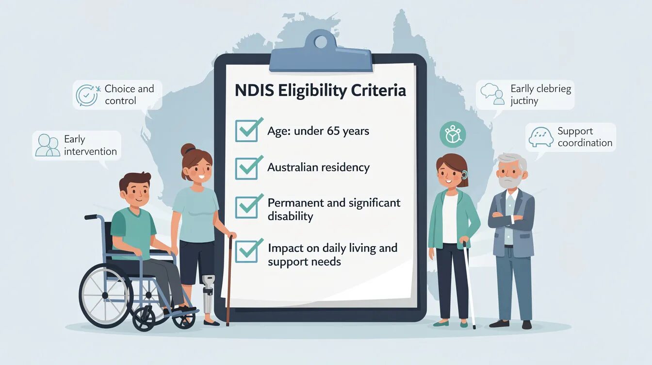 An informative graphic outlines the NDIS eligibility criteria, highlighting key aspects such as permanent impairment, psychosocial disability, and the application process for accessing the National Disability Insurance Scheme. It emphasizes the importance of having a formal diagnosis and the role of health professionals in determining eligibility for NDIS supports.