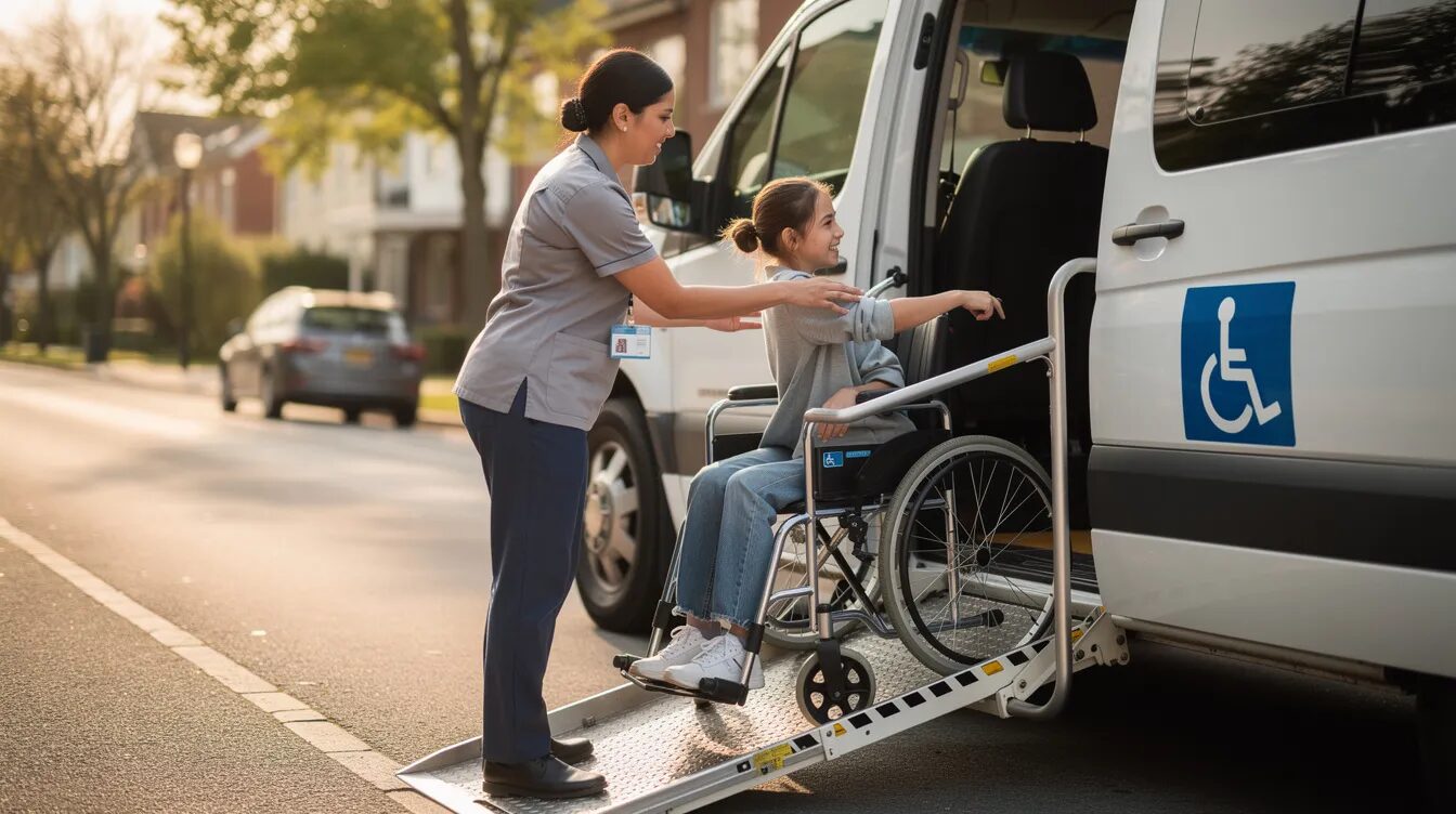 A support worker is assisting a young person as they board an accessible vehicle, part of a school transport assistance scheme designed to provide safe travel for eligible students attending school. The vehicle is equipped to accommodate individuals with disabilities, ensuring their access to education and transport services.