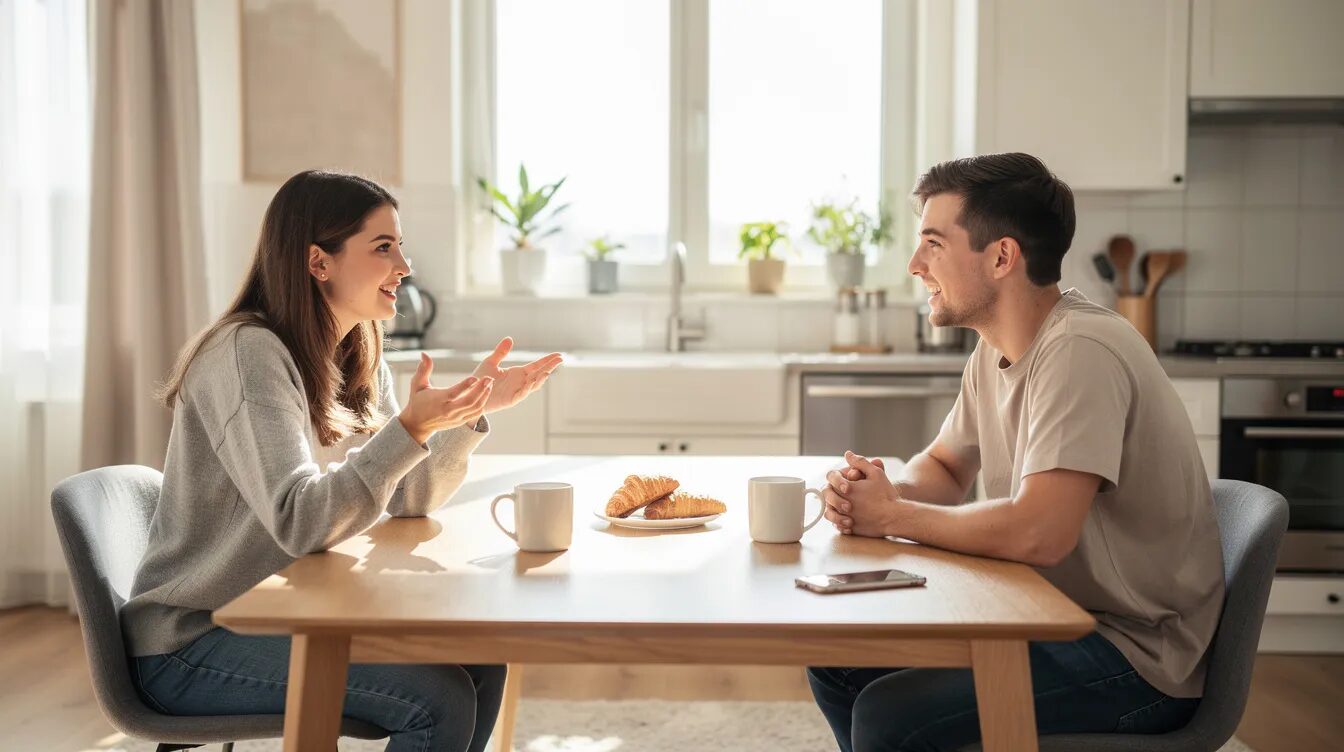 The image shows two people sitting at a kitchen table in a bright, modern apartment, engaged in a casual conversation. This setting reflects a supportive independent living environment, where individuals can discuss their daily lives and support needs in a comfortable space.