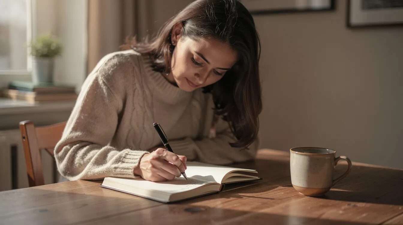 A person is sitting quietly at a table, writing notes in a journal, possibly preparing for their NDIS plan review meeting. The scene conveys a sense of focus and reflection, essential for organizing thoughts about current supports and future goals in the plan review process.