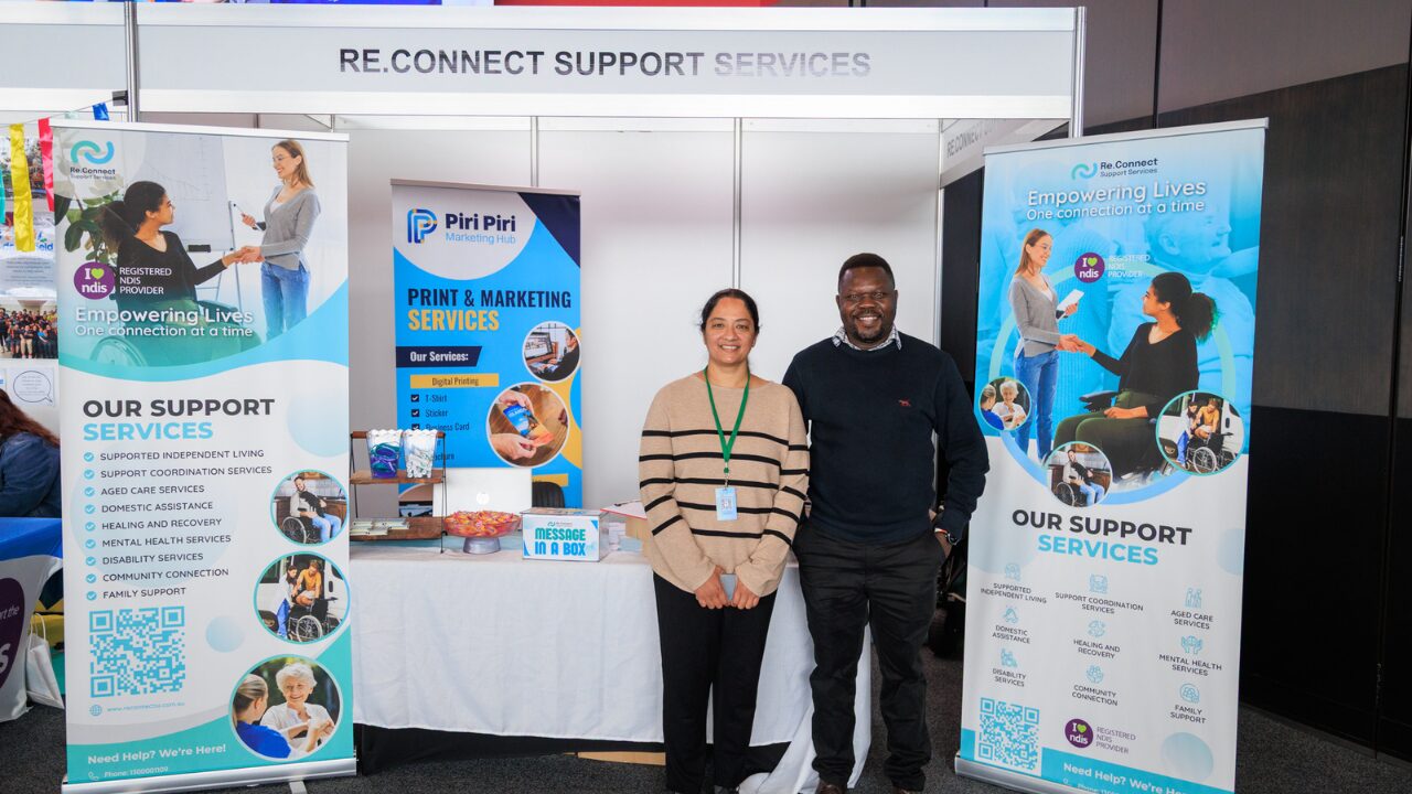 The image showcases Re.Connect Support Services, a leading NDIS service provider, dedicated to delivering high-quality disability support services. It highlights their commitment to community engagement programs, personal care, and life skills development for NDIS participants.