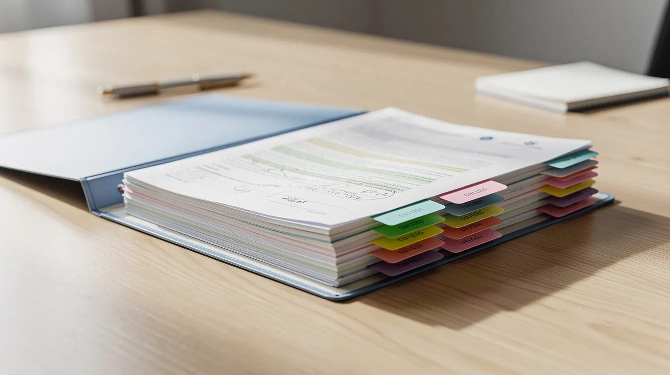 The image shows an organized folder on a desk, featuring colorful tabs and neatly arranged documents, likely related to an NDIS plan review meeting. This setup suggests a focus on the plan review process, helping to track current supports and prepare for future planning discussions.