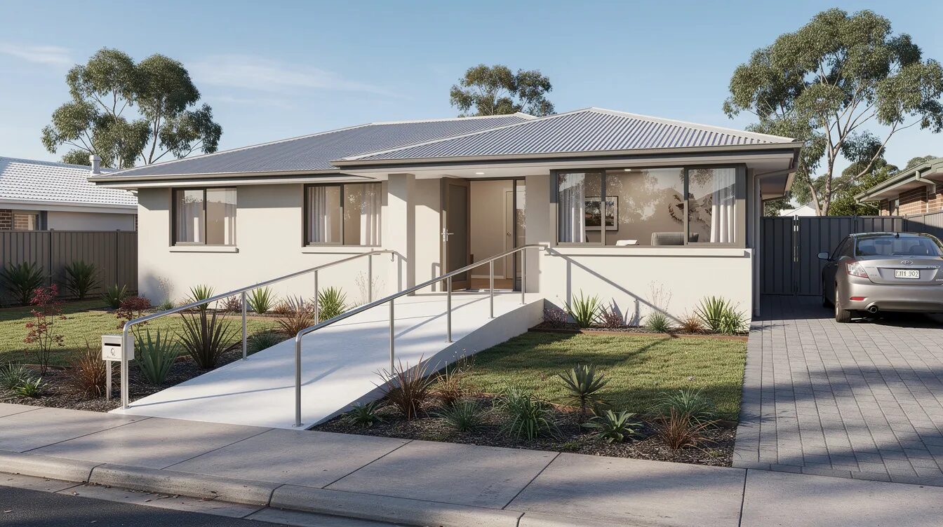 The image depicts a modern, accessible house exterior in a suburban Australian neighborhood, featuring a wide entrance and a ramp to ensure wheelchair accessibility. This design supports independent living options for individuals with very high support needs, aligning with specialist disability accommodation (SDA) principles.