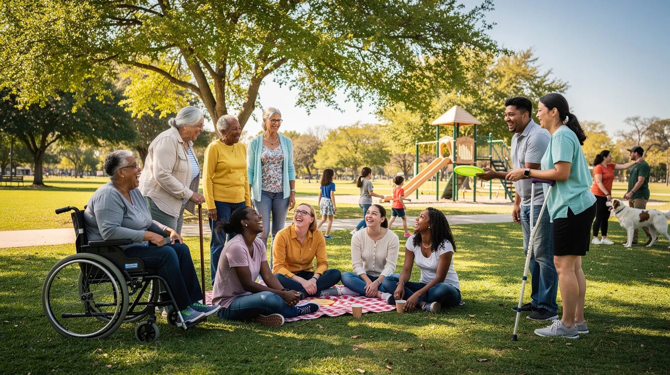 A diverse group of people in a community park is actively participating in outdoor activities, with some individuals using mobility aids. This scene highlights community participation and the importance of support in enhancing daily life and well-being for individuals with disability support needs.
