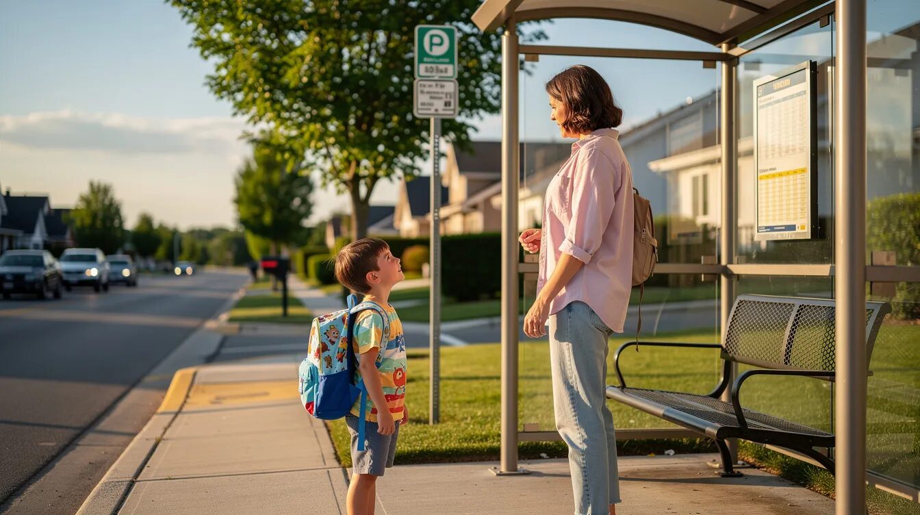A parent and child are waiting at a suburban bus stop on a sunny morning, preparing for their journey to an approved school. The scene reflects the importance of transport assistance schemes that support eligible students in accessing education through public transport services.