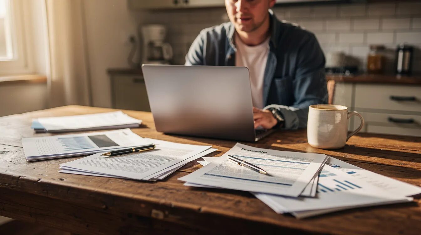 A person is seated at a kitchen table, focused on their laptop, with various documents spread out and a coffee cup nearby, likely preparing for an NDIS plan review meeting. The setting suggests a blend of work and daily life, emphasizing the importance of support coordination in managing disability support needs.