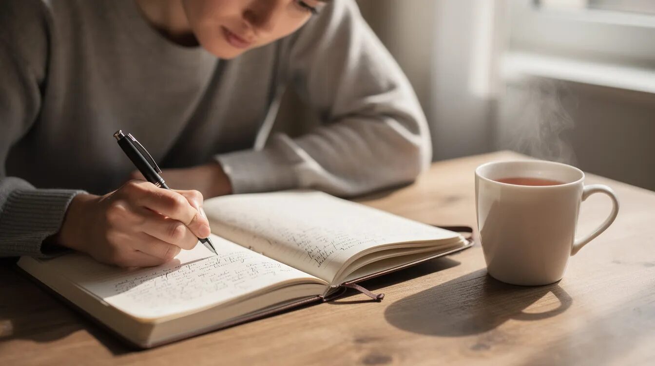 A person is seated at a table, focused on writing notes in a notebook, with a warm cup of tea beside them. This scene reflects the importance of daily life assistance and independent living, showcasing everyday tasks that can be supported through NDIS funding.