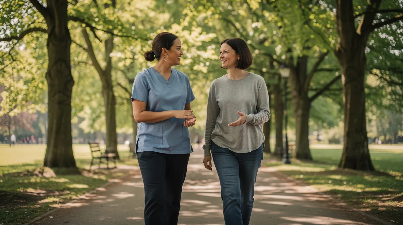 A support worker and an NDIS participant are walking together on a serene, tree-lined path outdoors, promoting community access and person-centred support. The scene highlights the importance of support services in the NDIS journey, fostering independence and connection with nature.