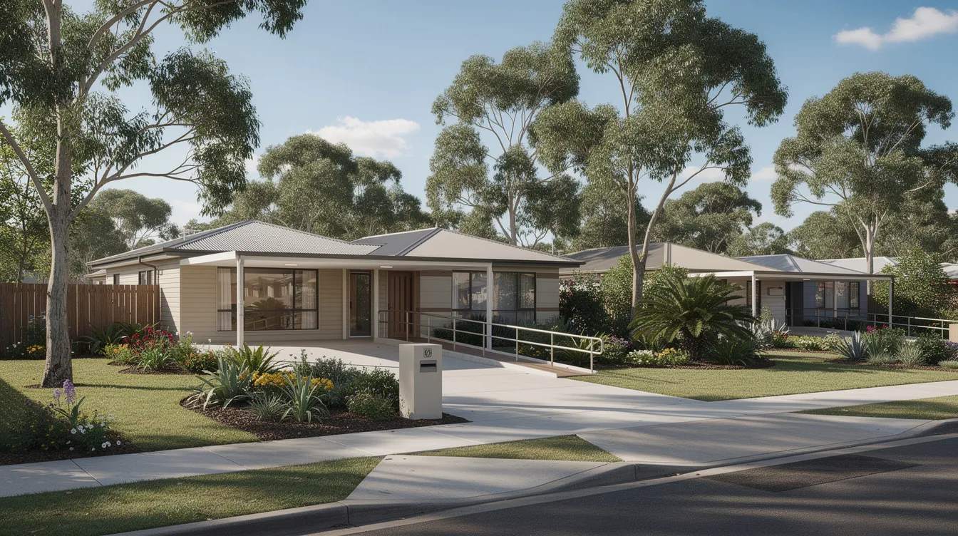 The image depicts a serene Australian suburban street lined with accessible single-storey homes, each featuring well-maintained green gardens, ideal for promoting independent living. This setting highlights the importance of supported independent living services, providing a welcoming environment for individuals seeking to live independently while receiving necessary support.