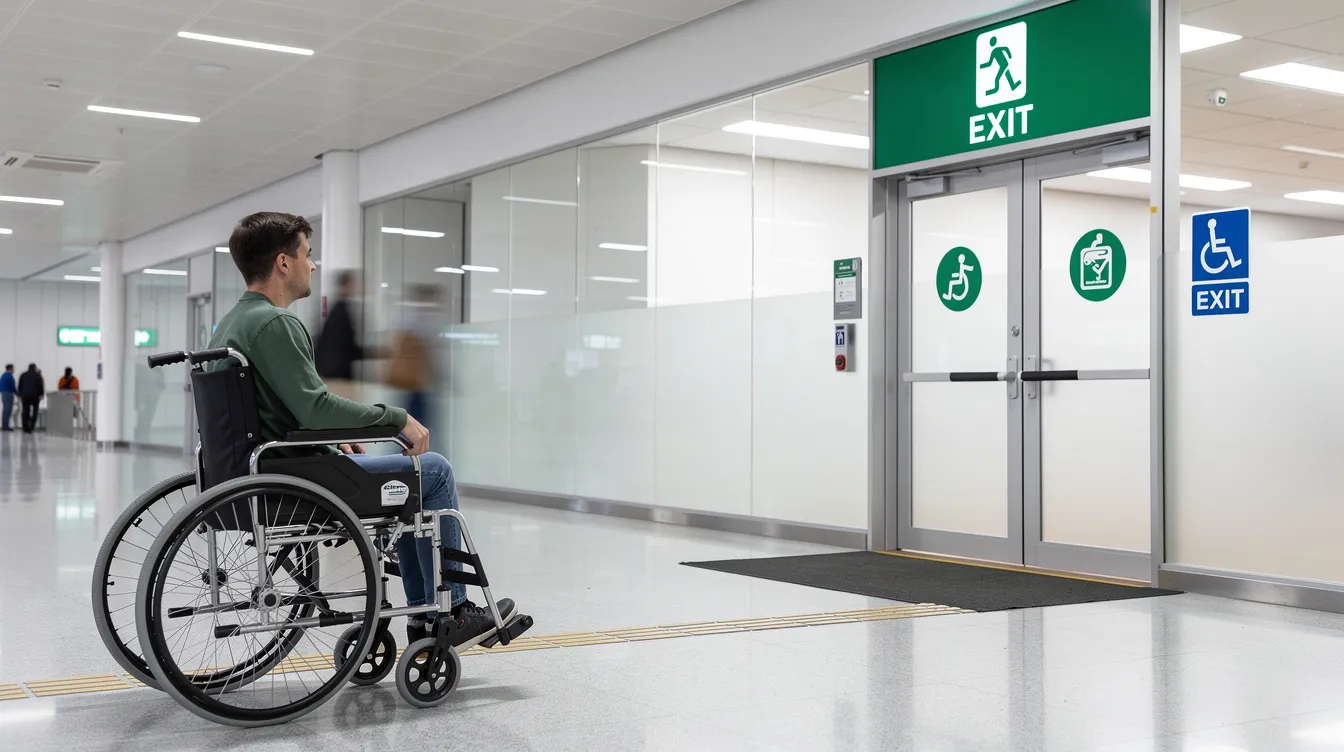 The image shows a person in a wheelchair positioned near a clearly marked accessible emergency exit in a modern building, highlighting the importance of emergency preparedness for individuals with disabilities. This scene emphasizes the need for effective communication and support coordination in emergency plans to ensure safety and accessibility for all participants.
