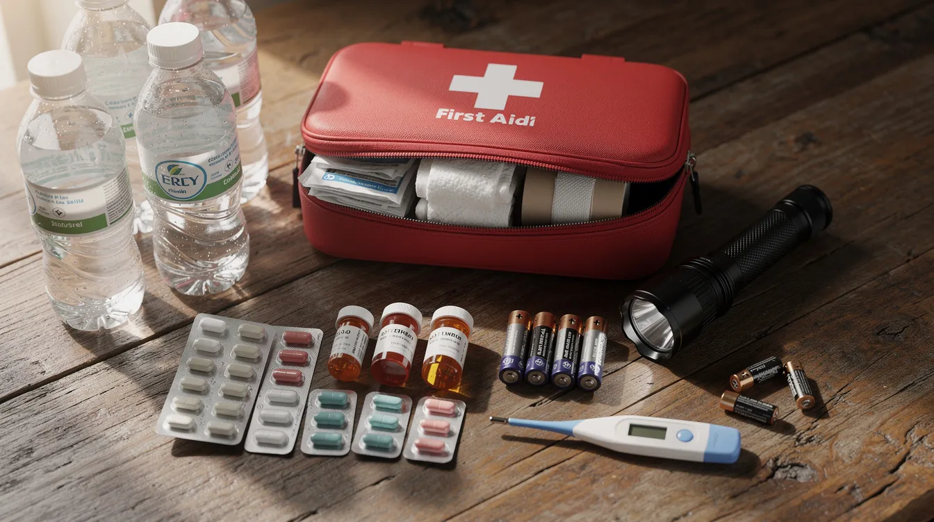 The image shows a collection of emergency preparedness supplies, including water bottles, a first aid kit, a torch, and medications, neatly arranged on a wooden table. These essential items are crucial for managing emergencies and ensuring safety during natural disasters or power outages, highlighting the importance of having an effective emergency plan in place.