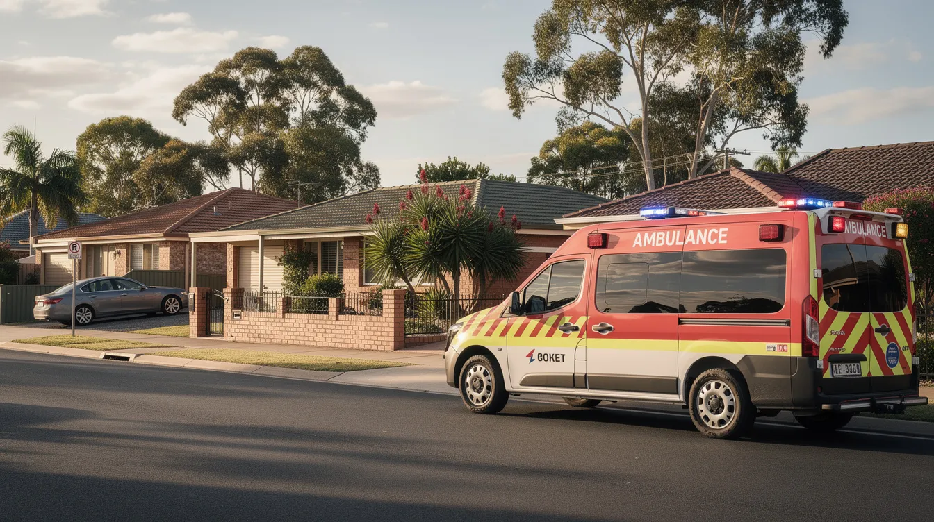 An emergency services vehicle is parked on a suburban Australian street, surrounded by houses and trees, highlighting the importance of emergency plans and support networks in managing emergencies and ensuring participant safety. The scene reflects the role of emergency services in disaster management and community support.