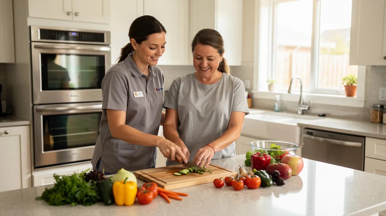 A support worker is assisting an individual in meal preparation within a bright, modern kitchen, showcasing a collaborative effort in daily life assistance. This scene highlights the importance of support services in managing everyday tasks and fostering independent living skills.