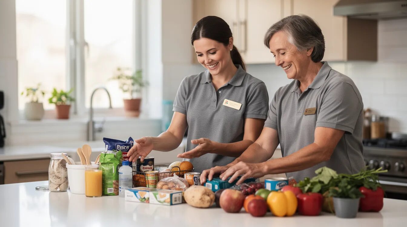 A friendly support worker and participant are smiling as they collaborate on organizing items on a kitchen counter, showcasing the essence of daily life assistance and support in managing household tasks. This interaction highlights the importance of community access and personal care within the NDIS framework for individuals seeking support with everyday activities.