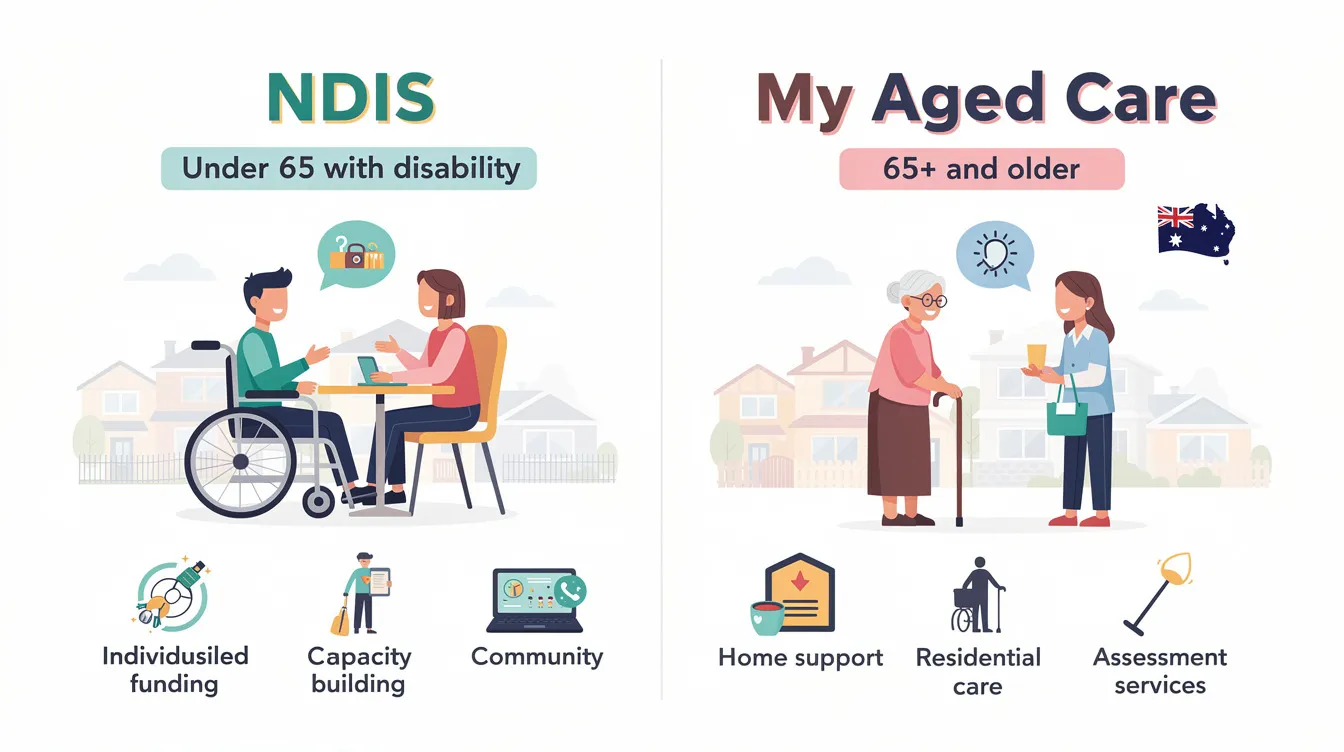 The image illustrates the comparison between the National Disability Insurance Scheme (NDIS) and My Aged Care, highlighting key differences in support services for individuals with permanent and significant disabilities and older Australians. It emphasizes the various support categories, including residential aged care and home services, aimed at assisting participants in maintaining independence and accessing necessary care.
