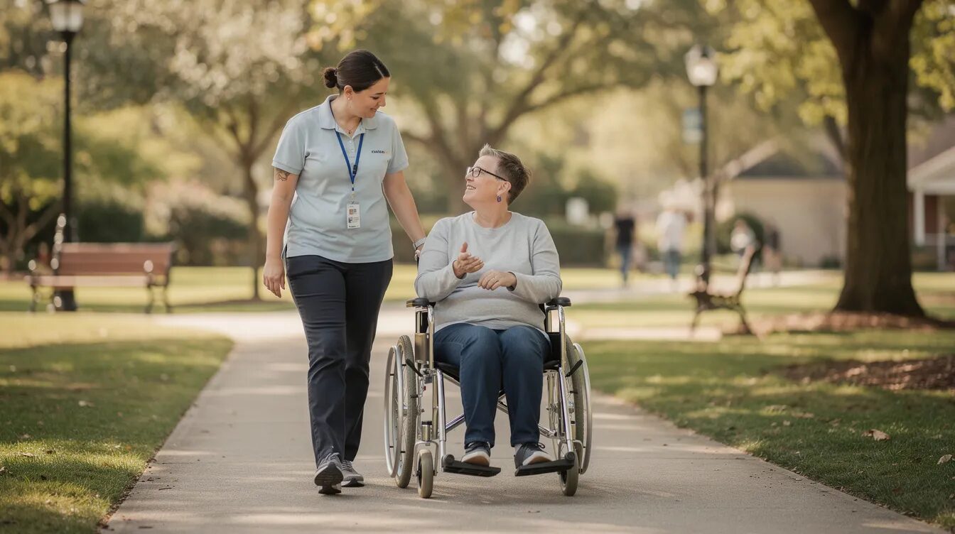 A support worker is walking alongside a person in a wheelchair in a neighborhood park, providing assistance with daily life and promoting community access. This scene highlights the importance of support services for individuals with disabilities, fostering independence and participation in everyday activities.
