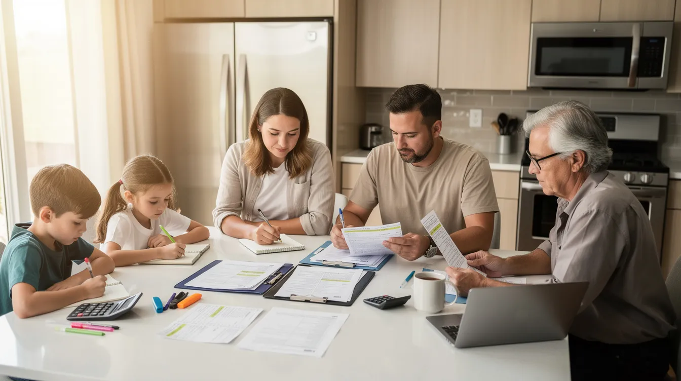 A family is gathered around a kitchen table, reviewing important documents and jotting down notes, likely related to their emergency plan and support network for managing potential crises. This scene emphasizes the importance of effective communication and preparation for emergencies, especially for families involved in the National Disability Insurance Scheme (NDIS).