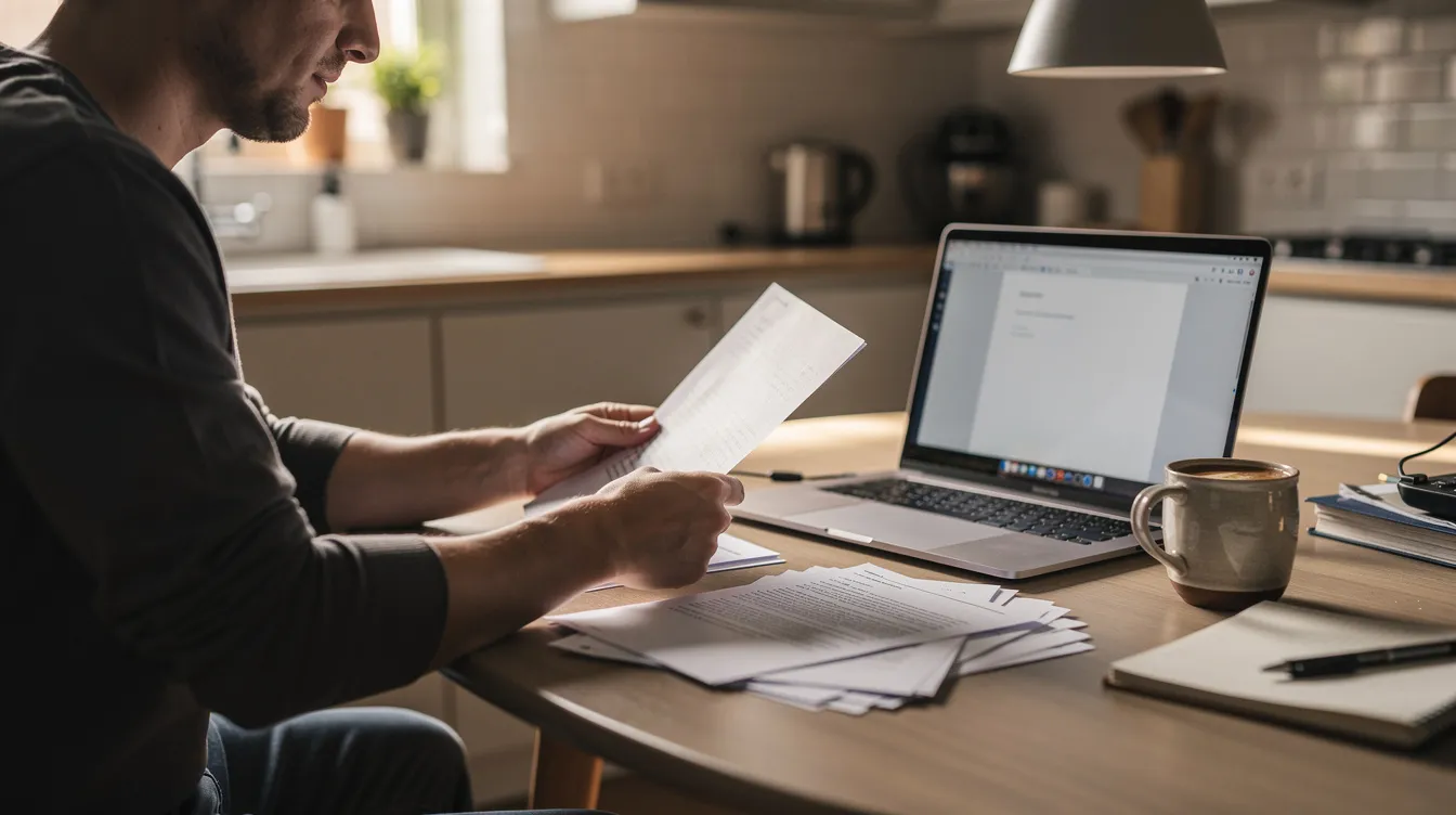 A person is seated at a kitchen table, intently reviewing printed documents while a laptop is open beside them, indicating they are likely working on their NDIS emergency support plan or related paperwork. The scene suggests a focus on managing their support needs and ensuring effective communication with their support network.