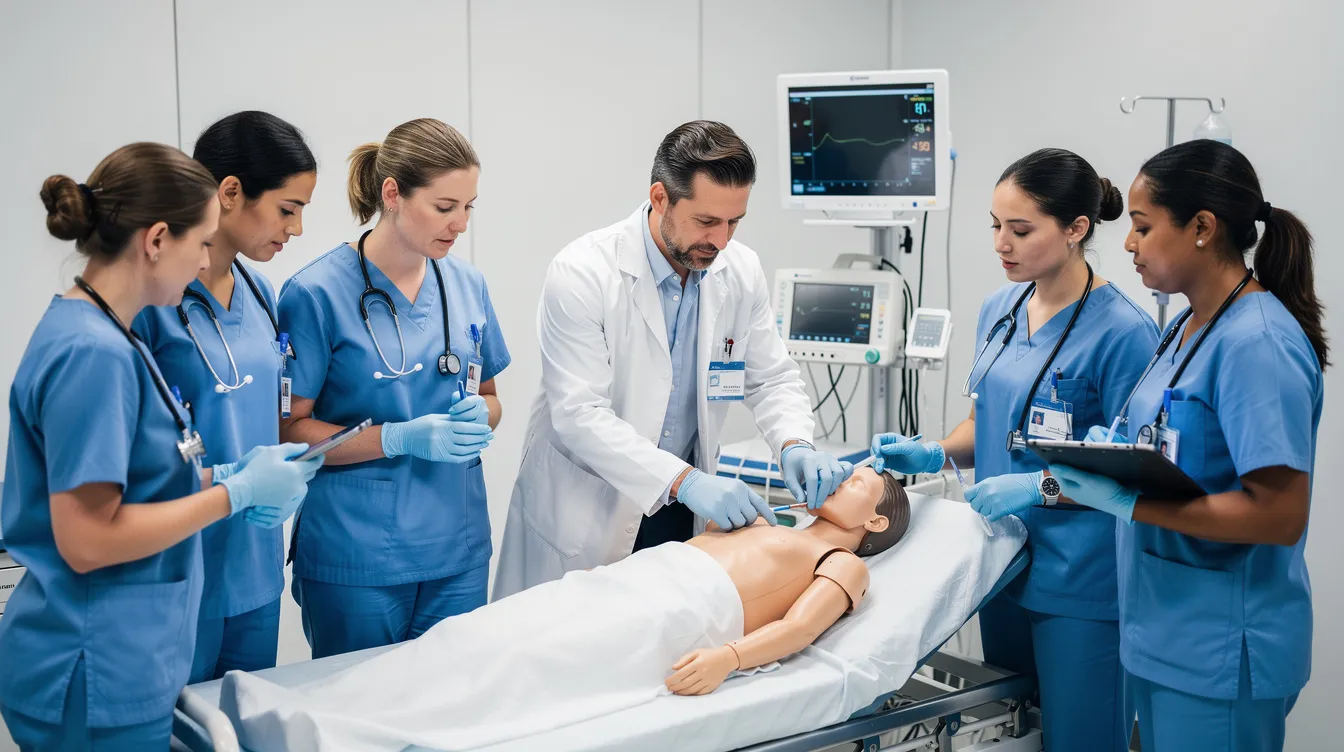 The image shows healthcare workers engaged in a hands-on training session within a clinical setting, focusing on practical skills essential for delivering quality support services to NDIS participants. These training sessions are crucial for support workers to enhance their knowledge and ensure compliance with NDIS practice standards and safety protocols.